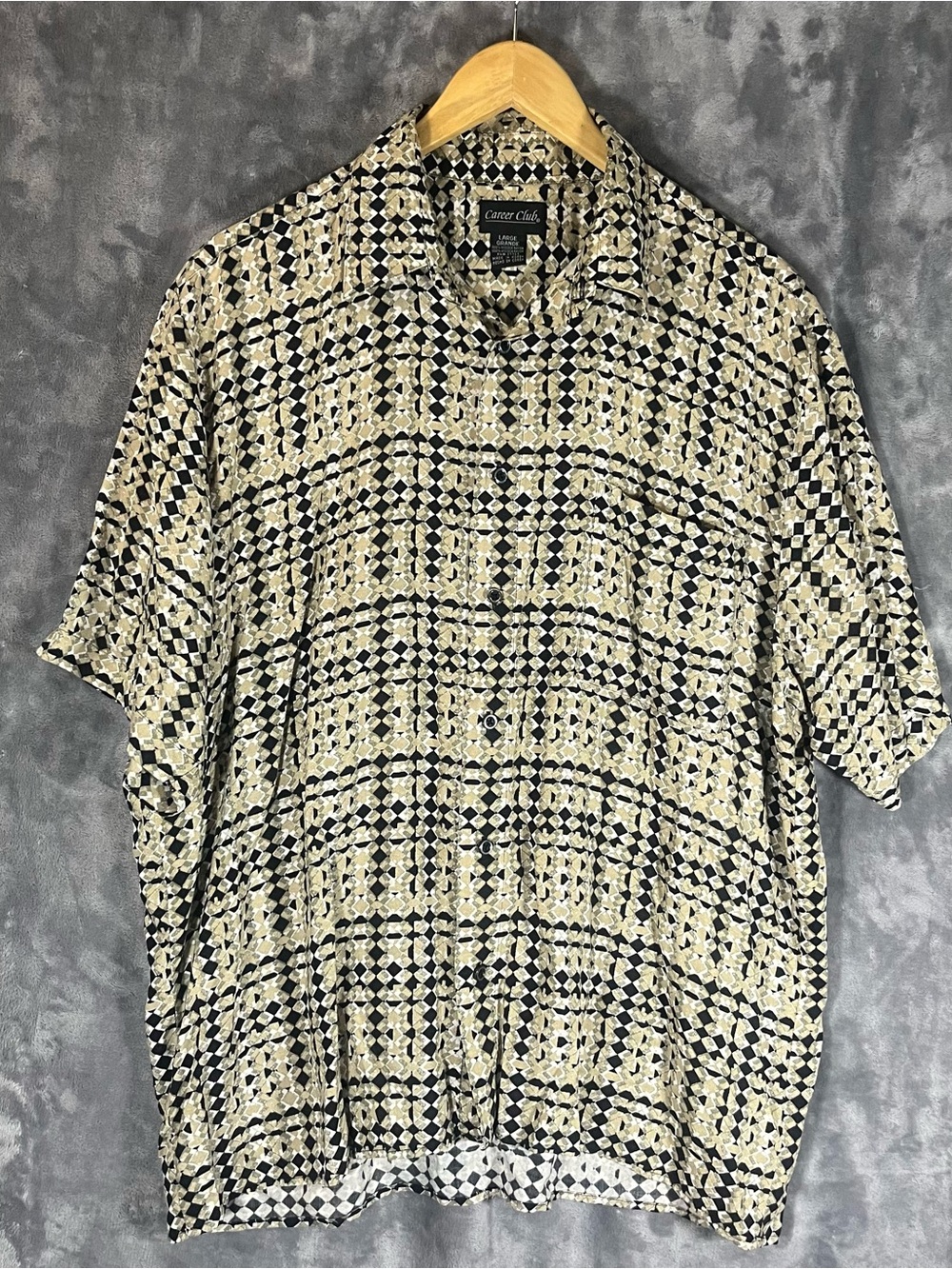 Linear Club Beige and Black Short-Sleeve Button-Down Shirt